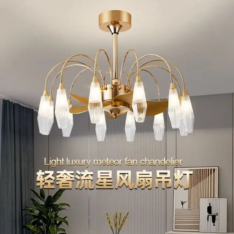 Modern gold crystal ceiling fan lights featuring gold-toned metal and glass shades for living room use