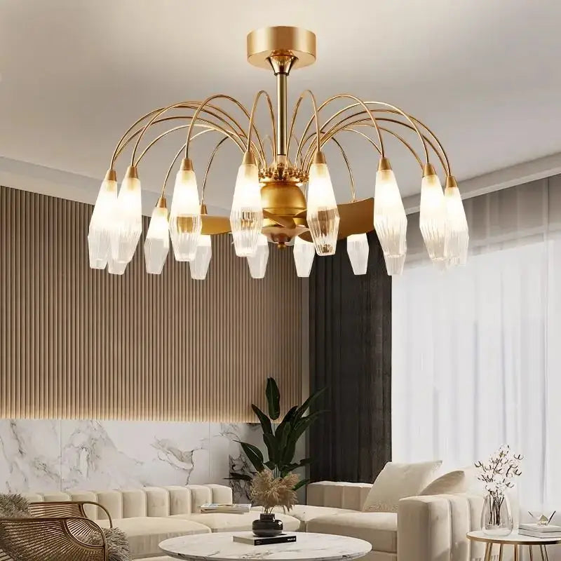 Modern gold crystal ceiling fan lights chandelier with frosted glass shades and curved metallic arms for living room