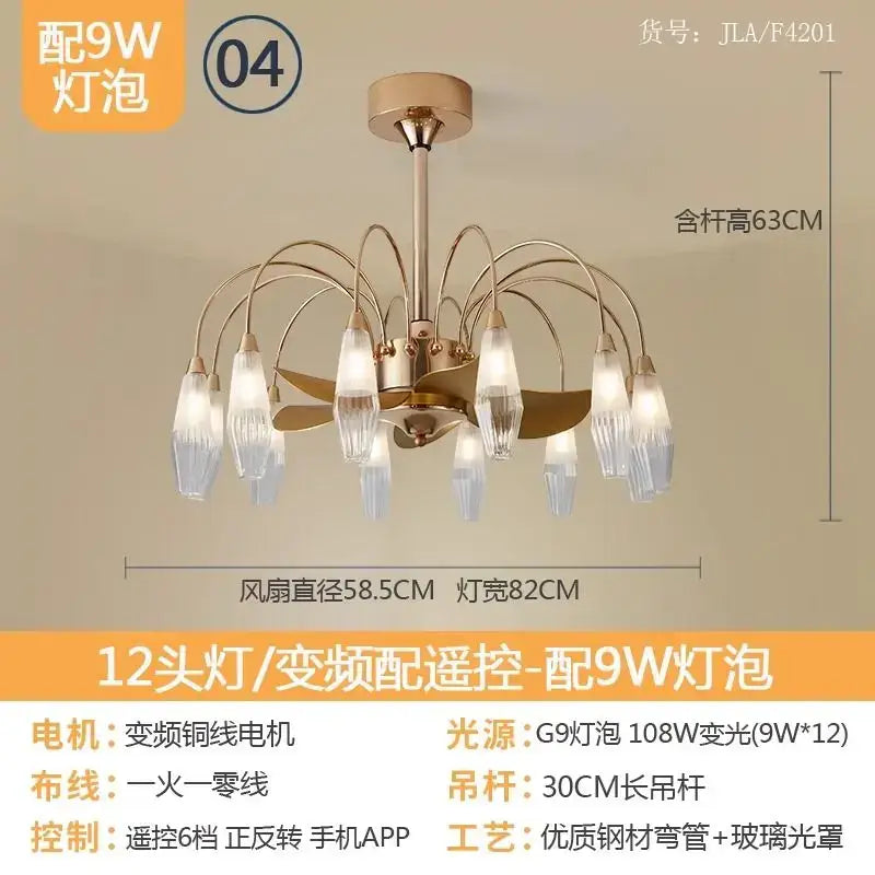 Modern gold crystal ceiling fan lights featuring 12 frosted glass fixtures and central fan blade model jla/f4201