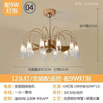 Modern gold crystal ceiling fan lights featuring 12 frosted glass fixtures and central fan blade model jla/f4201