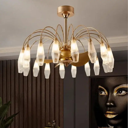 Modern gold crystal ceiling fan lights featuring a gold-toned chandelier with clear faceted glass shades in a radial pattern