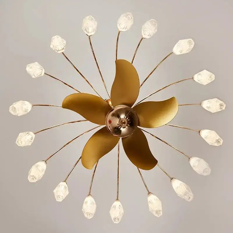 Modern gold flower-shaped ceiling fan lights with clear crystal bulbs on slender arms for living room chandelier use