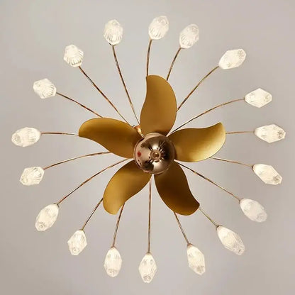 Modern gold flower-shaped ceiling fan lights with clear crystal bulbs on slender arms for living room chandelier use