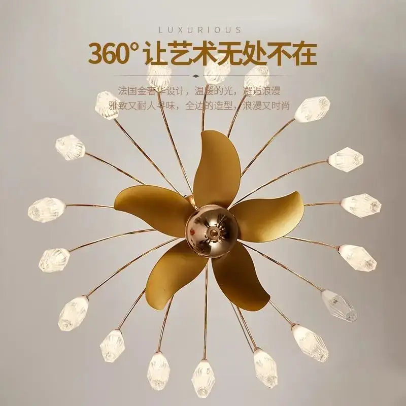 Modern gold ceiling fan lights with six curved blades and twelve faceted crystal fan lights for living room chandelier