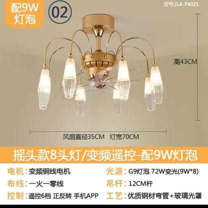 Modern gold crystal ceiling fan with integrated ceiling fan lights featuring eight clear glass shades and decorative design