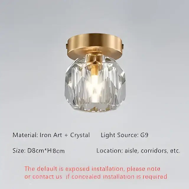 Modern gold crystal ceiling light with faceted globe and iron art base ideal for bedroom crystal ceiling lights