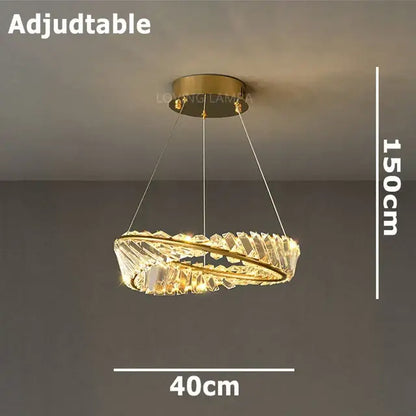 Modern gold ceiling pendant light with adjustable circular frame and faceted crystal accents for living room use