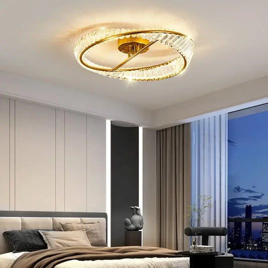 Modern gold crystal ceiling pendant light with circular design and elegant accents for living room lighting