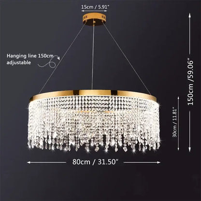 Modern gold crystal chandelier lighting fixture featuring a circular design with cascading clear crystal droplets for dining room decorbites crystal chandelier