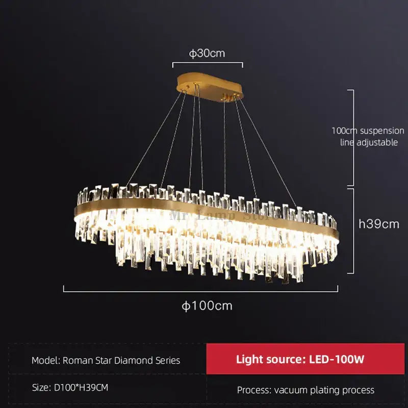 Modern gold crystal chandelier lighting fixture with oval gold finish and cascading clear prisms for dining room decorbites circular