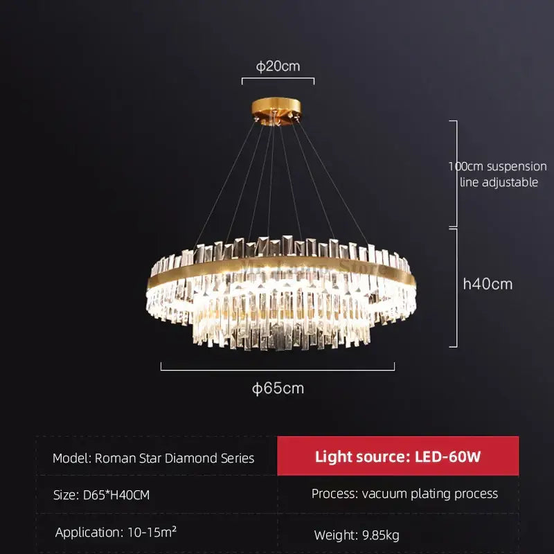 Modern gold crystal chandelier lighting fixture with multiple clear crystal prisms by decorbites circular for dining room decor