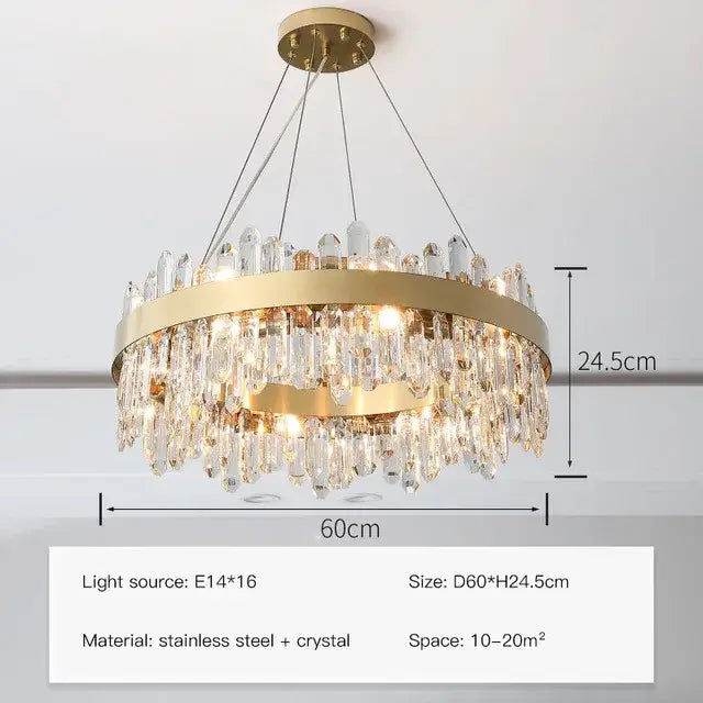 Modern gold-toned decorbites crystal circle ceiling chandelier with cascading crystal droplets and stainless steel frame