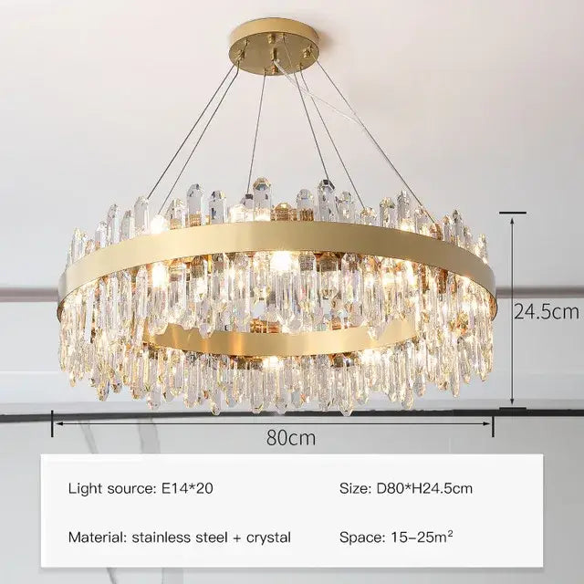 Modern gold crystal circle ceiling chandelier with cascading crystal droplets and stainless steel circular frame for dining room decorbites crystal circle