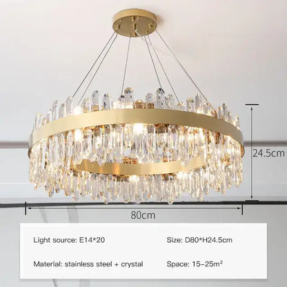 Modern gold crystal circle ceiling chandelier with cascading crystal droplets and stainless steel circular frame for dining room decorbites crystal circle