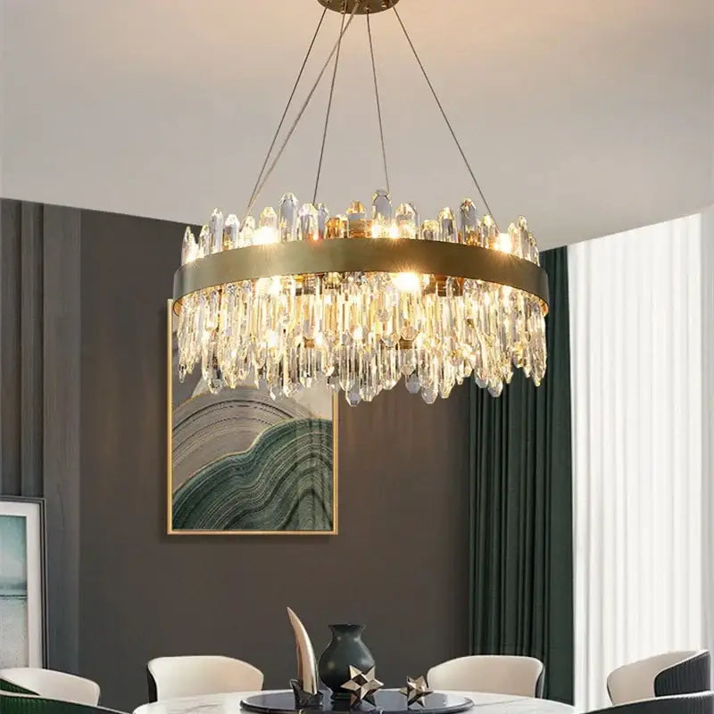 Modern gold crystal circle ceiling chandelier with clear crystal prisms in cascading tiers for dining room decorbites crystal circle