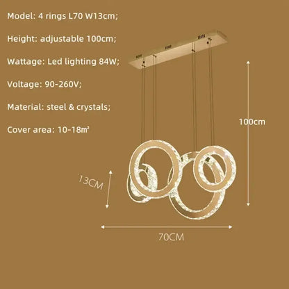 Modern gold pendant chandelier with four interlocking steel and crystals rings decorbites crystal circle led design