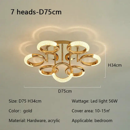 Modern gold crystal circle ring led ceiling light with seven acrylic and hardware heads for bedroom lighting