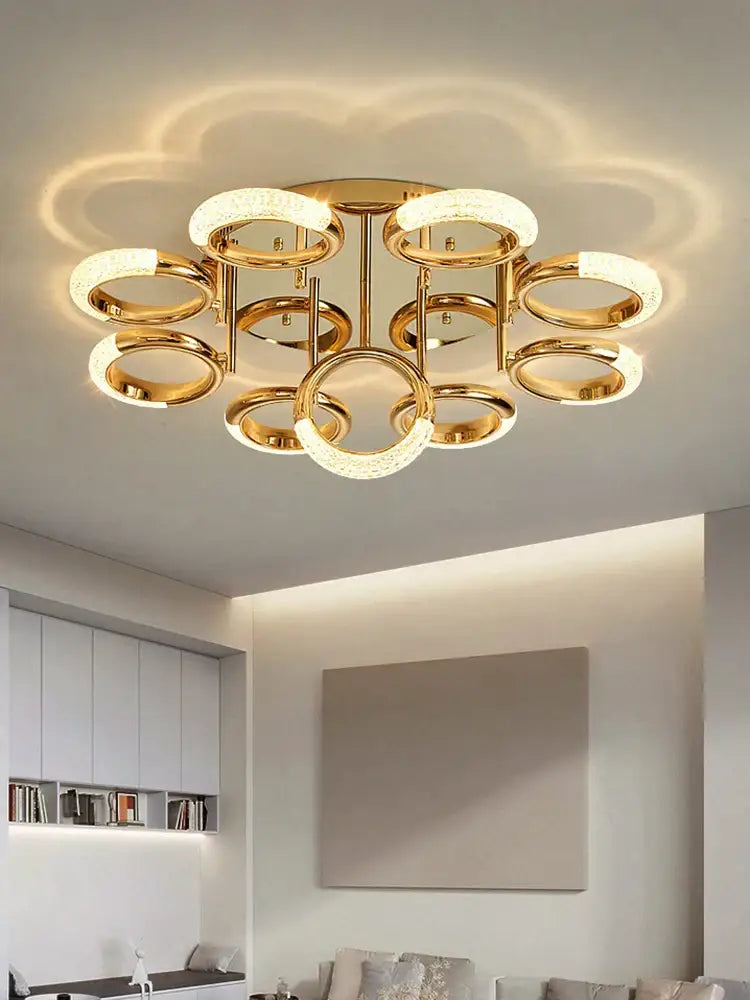 Modern gold ceiling light with multiple crystal circle ring led fixtures designed for bedroom illumination