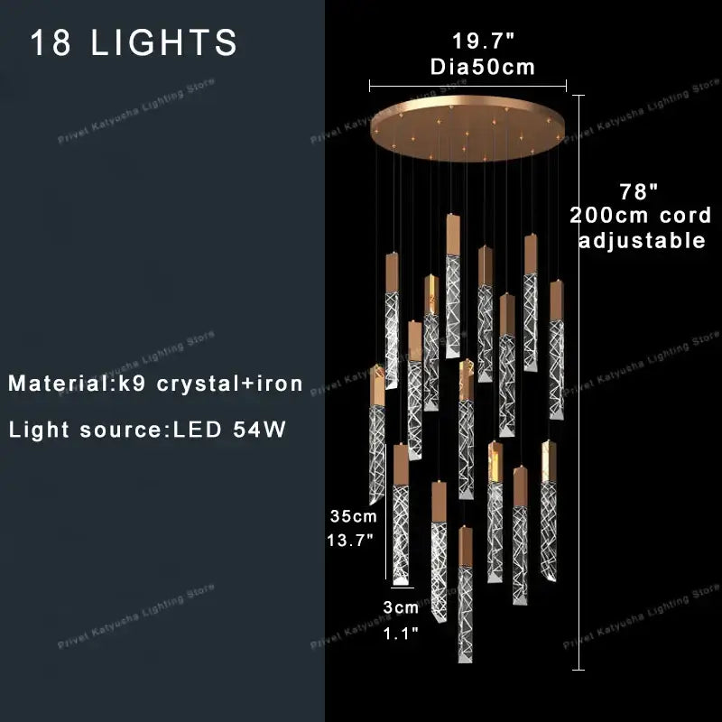 Modern gold crystal circular staircase chandelier with 18 led lights and bronze iron base for villa foyer decorbites crystal circular