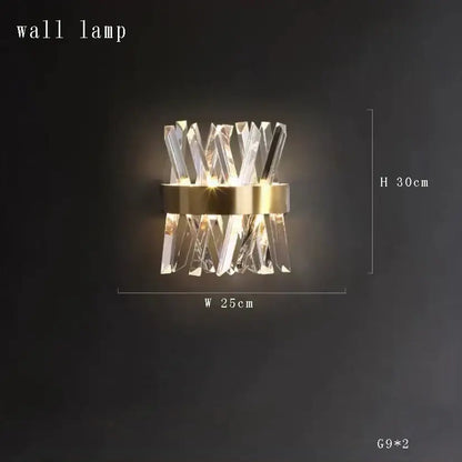 Modern gold-toned wall lamp with clear crystal prisms in a geometric pattern for decorbites crystal circular staircase chandelier