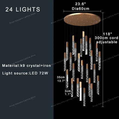 Modern gold crystal circular staircase chandelier with bronze top and 24 k9 crystal led lights by decorbites