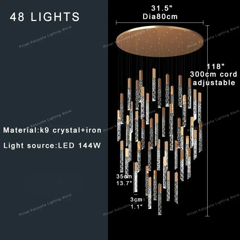 Modern gold crystal circular staircase chandelier with 48 leds, bronze top, and hanging crystal-iron rods for villa foyer decorbites crystal circular