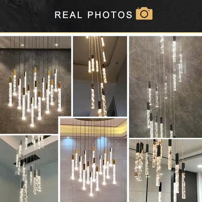 Modern gold crystal circular staircase chandelier with black accents and clear glass tubes glowing warmly for villa foyer decorbites crystal circular design