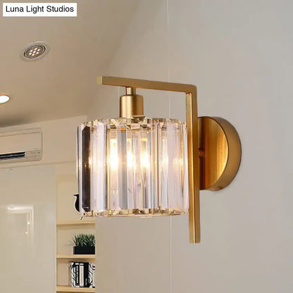 Modern gold crystal column wall sconce with cylindrical faceted crystal shade for elegant bedroom wall lamp light