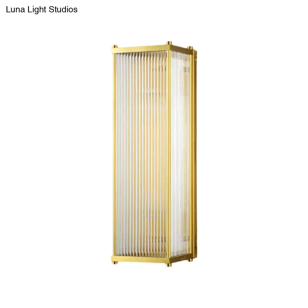 Modern gold crystal cuboid wall sconce light with gold finish and vertical frosted glass panels direct wired electric