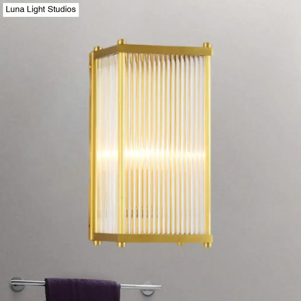 Modern gold crystal cuboid wall sconce light with gold frame and vertical frosted glass panels for direct wired electric use