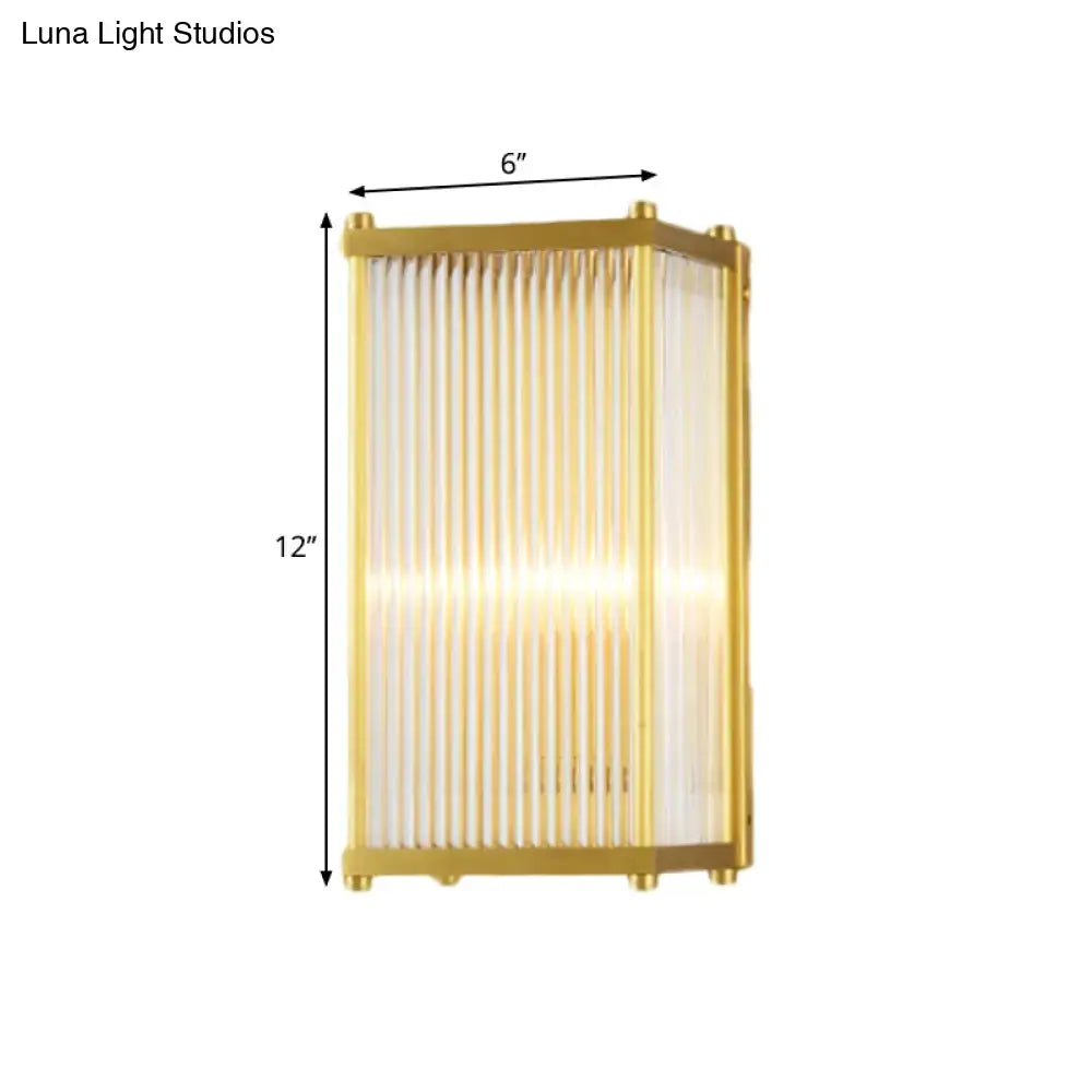Modern gold crystal cuboid wall sconce light with gold finish and vertical frosted glass panels direct wired electric