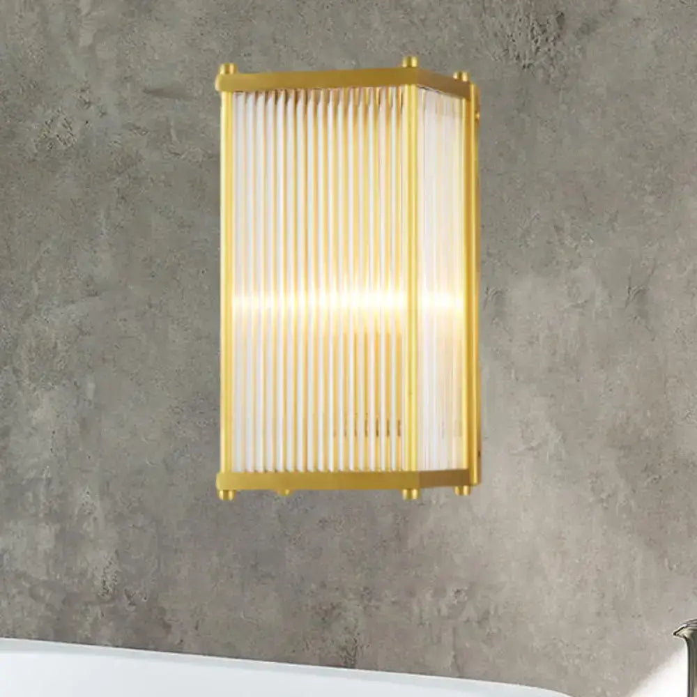 Modern gold crystal cuboid wall sconce light with gold frame and vertical frosted glass panels direct wired electric