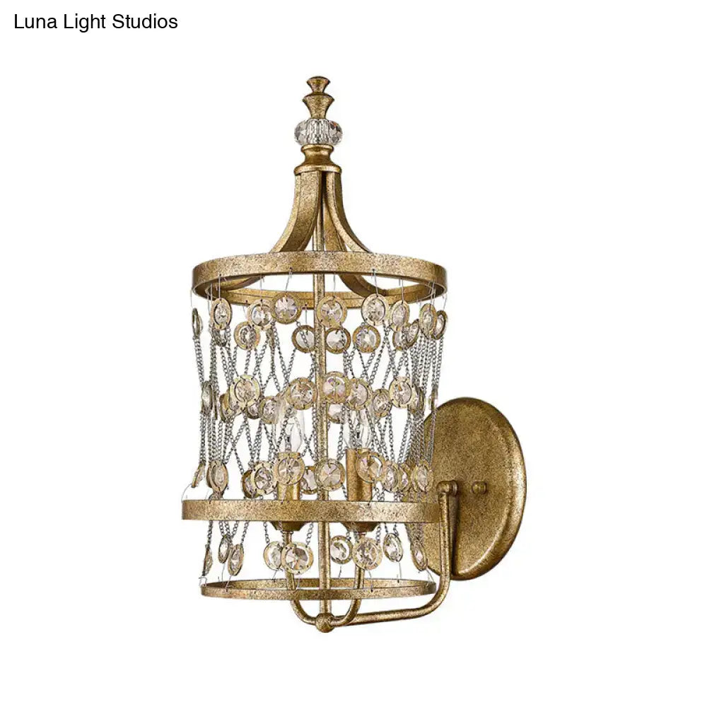 Modern gold crystal cylinder cage wall light with cascading crystal beads for living room 110v-120v and 220v-240v use