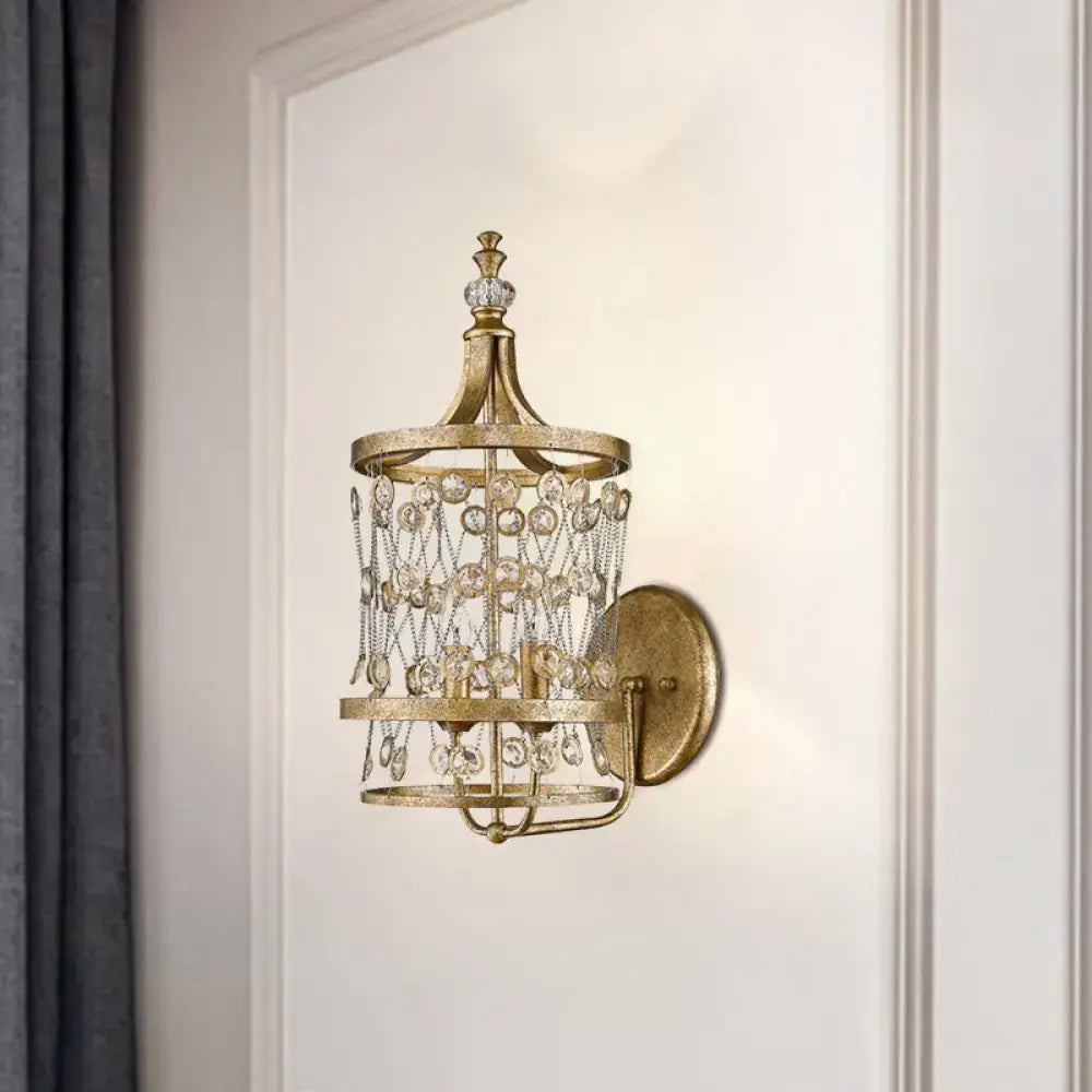 Antique gold-finished wall light with cascading crystal beads and decorative top gem for 110v-120v use