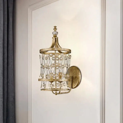 Antique gold-finished wall light with cascading crystal beads and decorative top gem for 110v-120v use