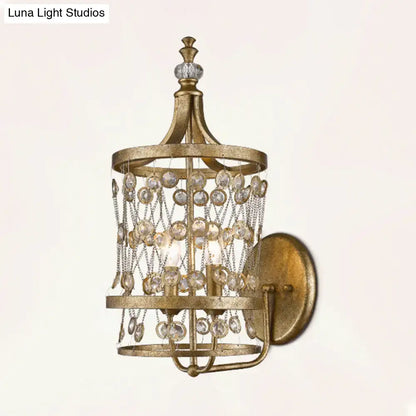 Antique brass cylinder cage wall light with cascading crystal beads and chains for 110v-120v living room use