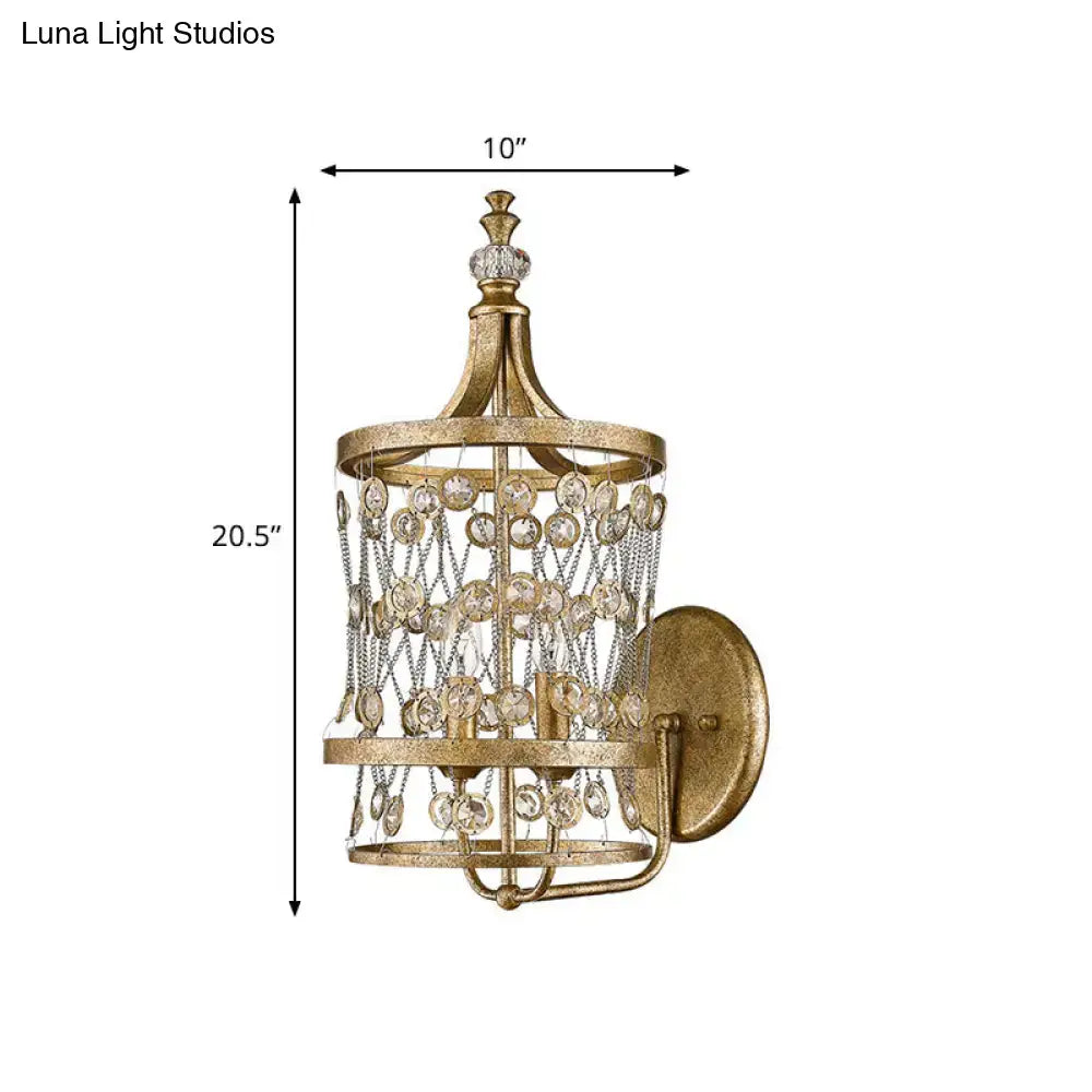 Modern gold crystal cylinder cage wall light with dangling crystal beads and clear glass accents for 110v-120v use