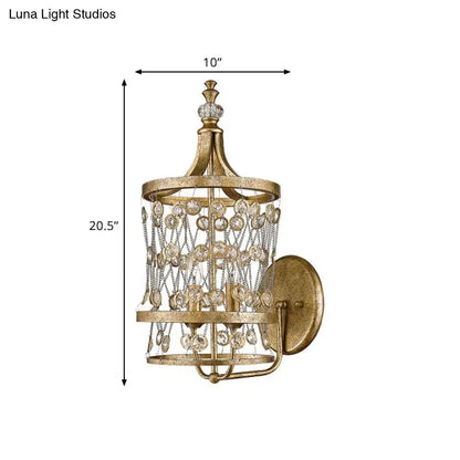 Modern gold crystal cylinder cage wall light with dangling crystal beads and clear glass accents for 110v-120v use