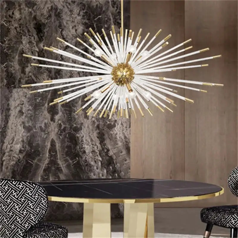 Modern gold crystal dandelion led chandelier with a gold hub and white glass rods for elegant living room decorbites lighting