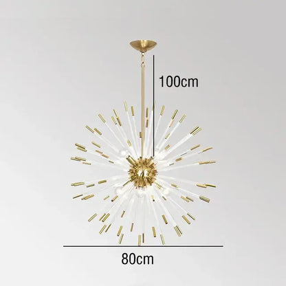 Modern gold crystal dandelion led chandelier with clear glass rods and brass accents in a living room light decorbites crystal dandelion