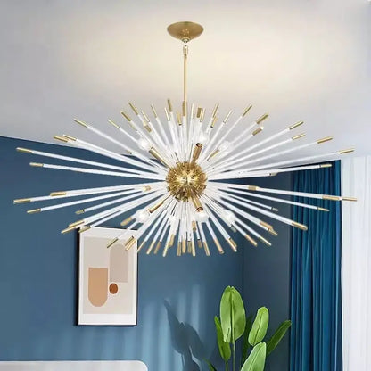 Modern gold crystal dandelion led chandelier with clear glass rods and brass accents for elegant living room decorbites lighting