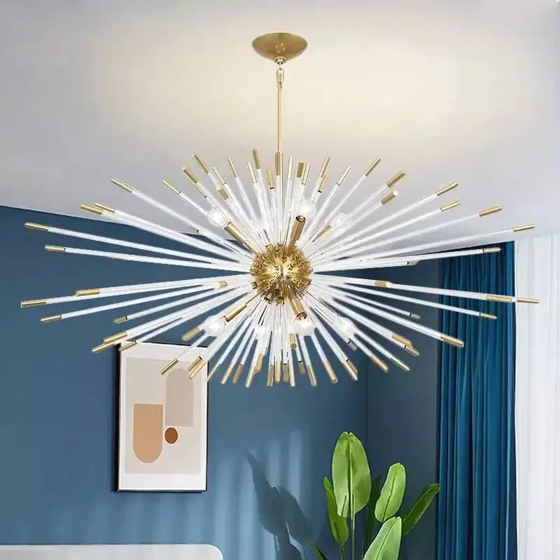 Modern gold crystal dandelion led chandelier with clear glass rods and brass accents for elegant living room decorbites lighting