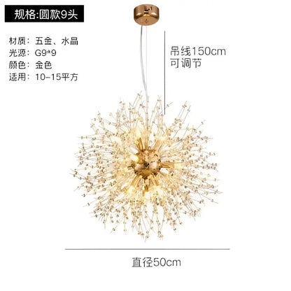 Modern gold crystal dandelion pendant light featuring a brass and crystal starburst design for dining room decorbites pendant lights