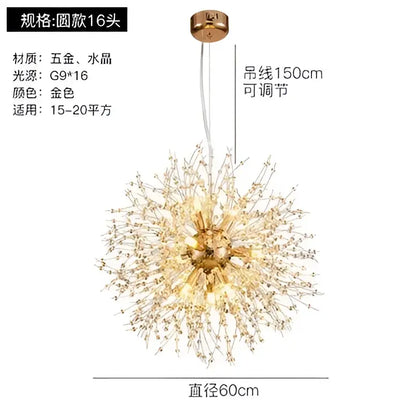 Modern gold crystal dandelion pendant light with 16 crystal arms brass mount and adjustable 150cm chain for dining room decorbites pendant lights
