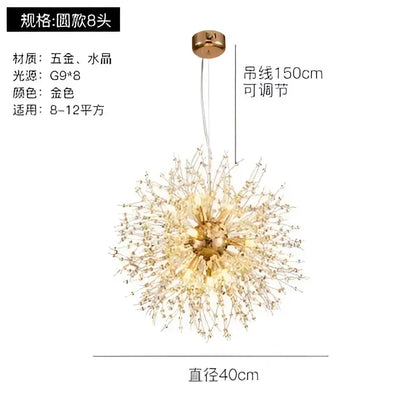 Modern gold crystal dandelion pendant light with spherical design, gold-toned metal, crystals, and adjustable 150cm chain