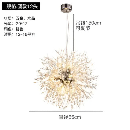 Modern gold crystal dandelion pendant light with 12 radial lights in silver metal and crystal for dining room decorbites pendant lights