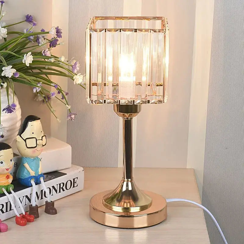Modern gold crystal desk lamp with metal base and square glass shade featuring vertical crystal panels by decorbites crystal desk