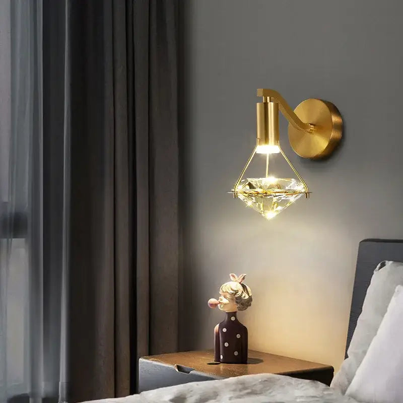 Modern gold crystal diamond wall lamp with a gold finish and diamond-shaped crystal shade for luxury bedroom lighting decorbites crystal diamond