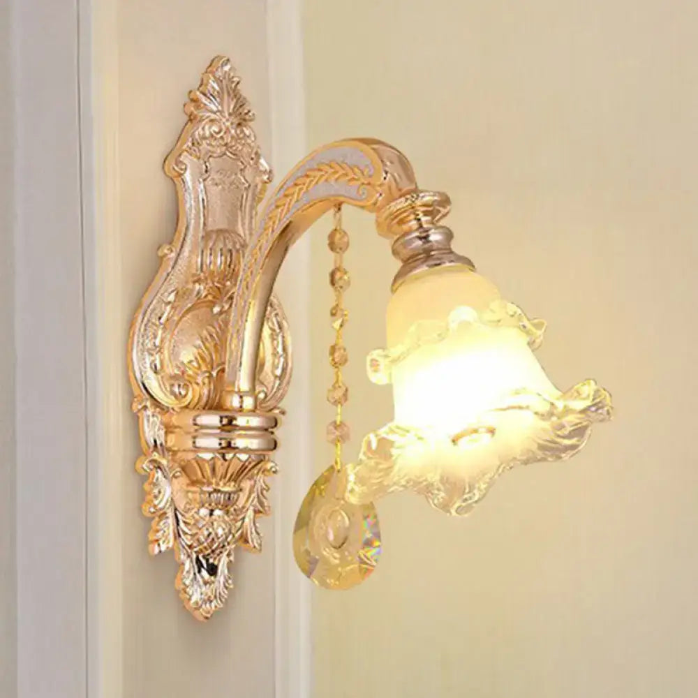 Modern gold crystal droplet wall mount light with frosted glass shade and dangling crystal beads for bedroom use