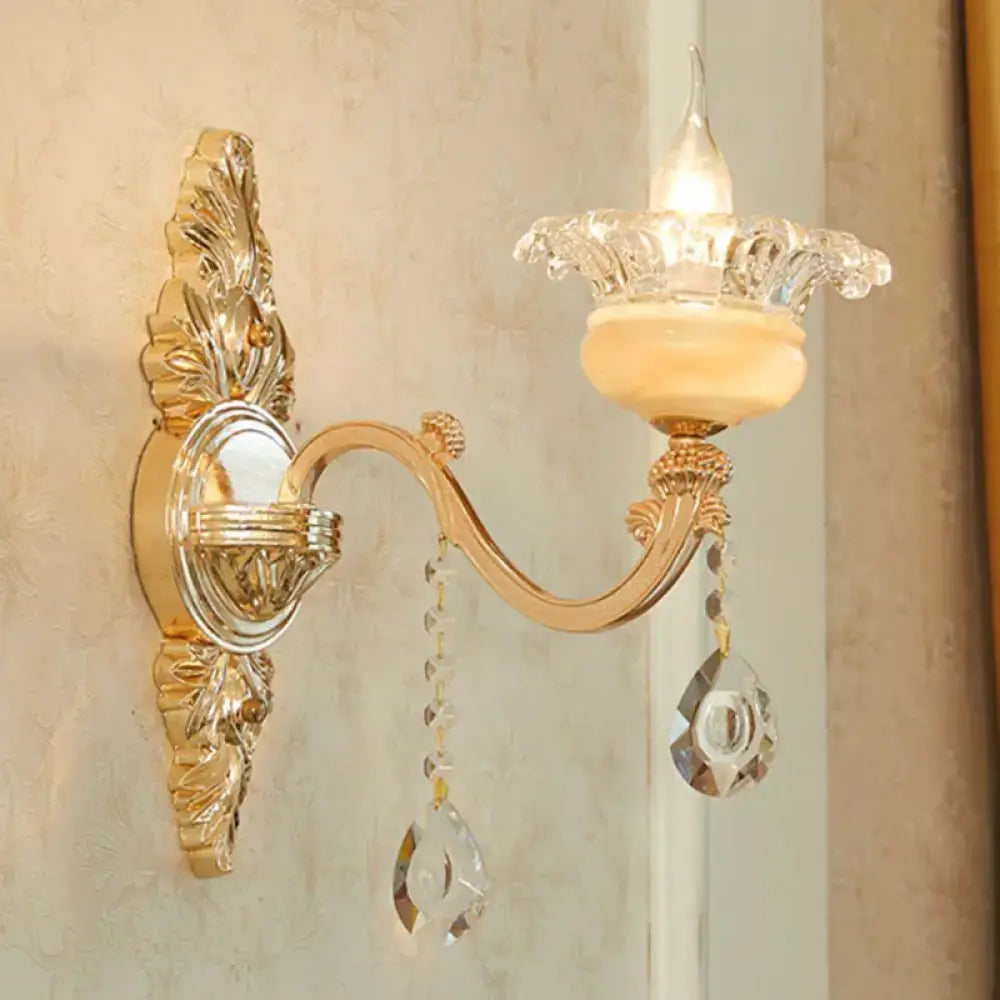 Modern gold crystal droplet wall mount light with ornate gold tone and frosted glass shade for bedroom use
